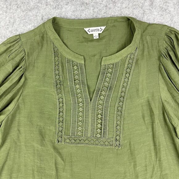 Nanette Lepore Top Womens Large Green Peasant Flowy Pullover Blouse Notch Neck - Picture 2 of 10